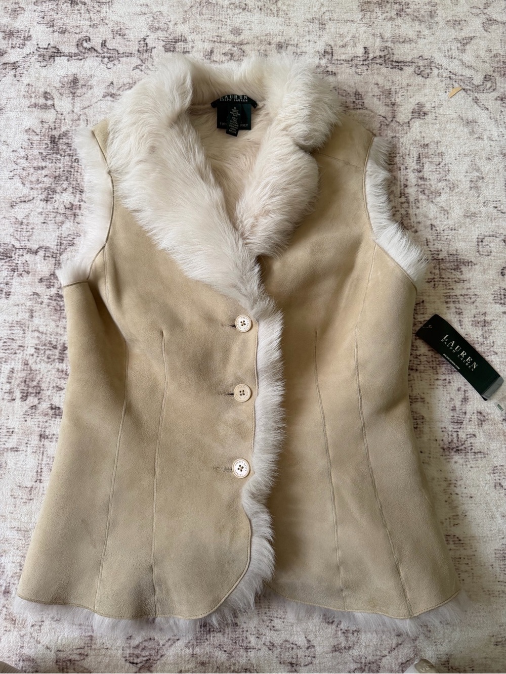Lauren Ralph Lauren Cream  100% Lamb Shearling Fur Trim Vest